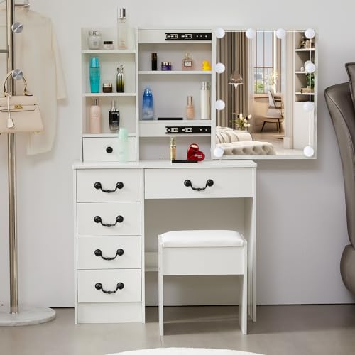 Vanity Desk with Mirror & Light,Makeup Vanity Table with Power Strip,Dressing Table Set with Large Drawers, White (VAN-07)