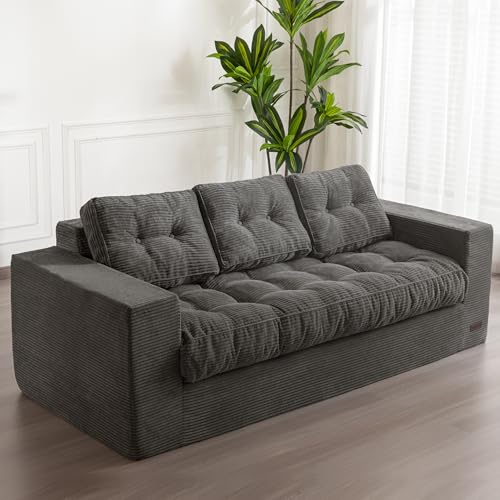 MAXYOYO 3 Seater Couch for Living Room, Boneless Couch with Tufted Cushion & Backrest, Upholstered Floor Sofa with Armrests, Sofa in A Box
