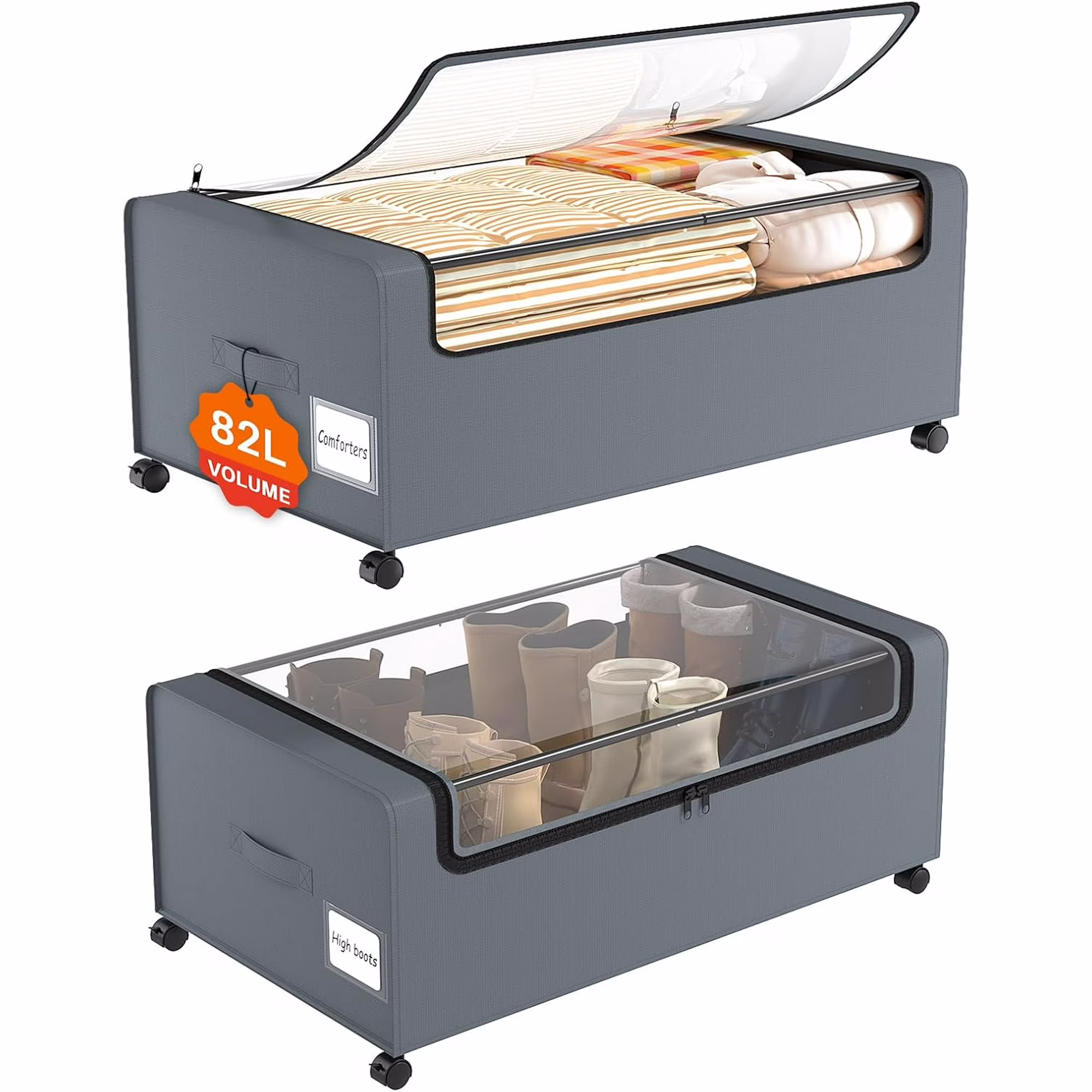 12 inch Under the Bed Storage Bins with Clear Lid, Under Bed Storage Containers with Wheels for Underneath Small Spaces Dorms, Blankets (2 Pack, Grey