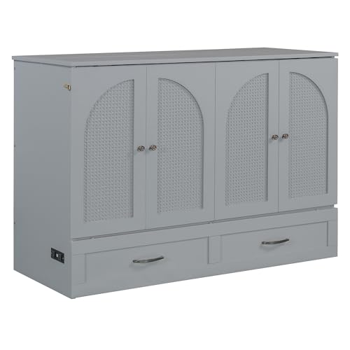 Harper & Bright Designs Queen Size Murphy Bed Cabinet Wall Bed Chest with USB, Charging Station and Large Storage Drawer for Home Office (White)