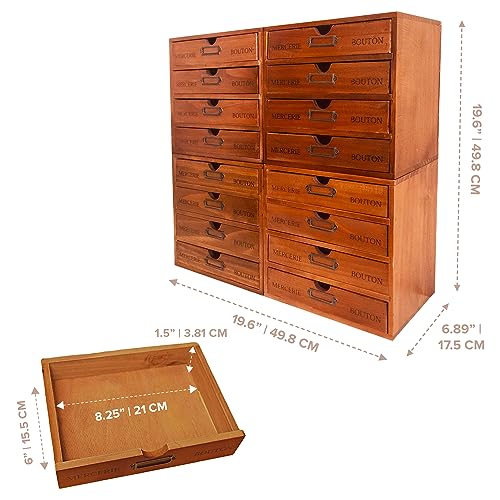 16-Drawer Wooden Storage Box (19.6”x6.89”x19.6”) VIntage Filing Cabinet in Walnut Wood - 16-Slot Wooden Desk Drawer Unit w/Label Holders & Handles