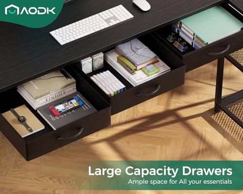 AODK 53 Inch L Shaped Computer Desk with Drawers, Corner Desk with Power Outlets & Reversible Storage Shelves