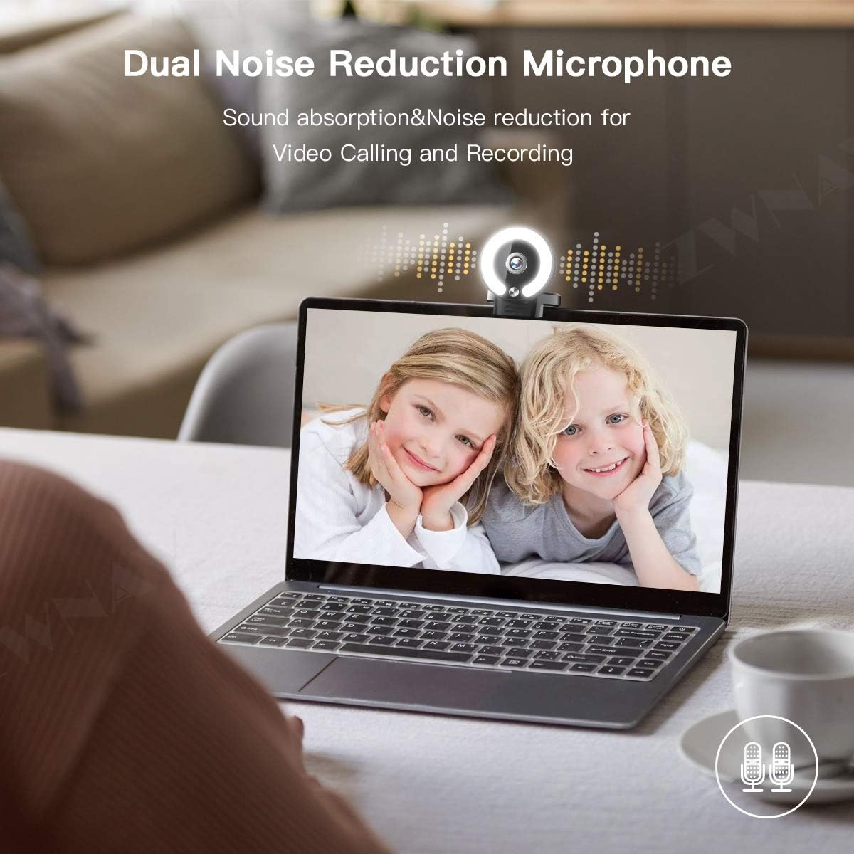 ZWNAV Webcam with Ring Light, Computer Camera with Microphone, Wide Angle, USB Connection, Face Camera for Video Conferencing