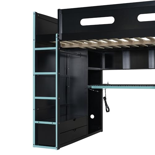 Modern Full Size Gaming Loft Bed with Built-in Desk and Storage Wardrobe, Wood Loft Bed Frame with Light Strip and 2 Drawers