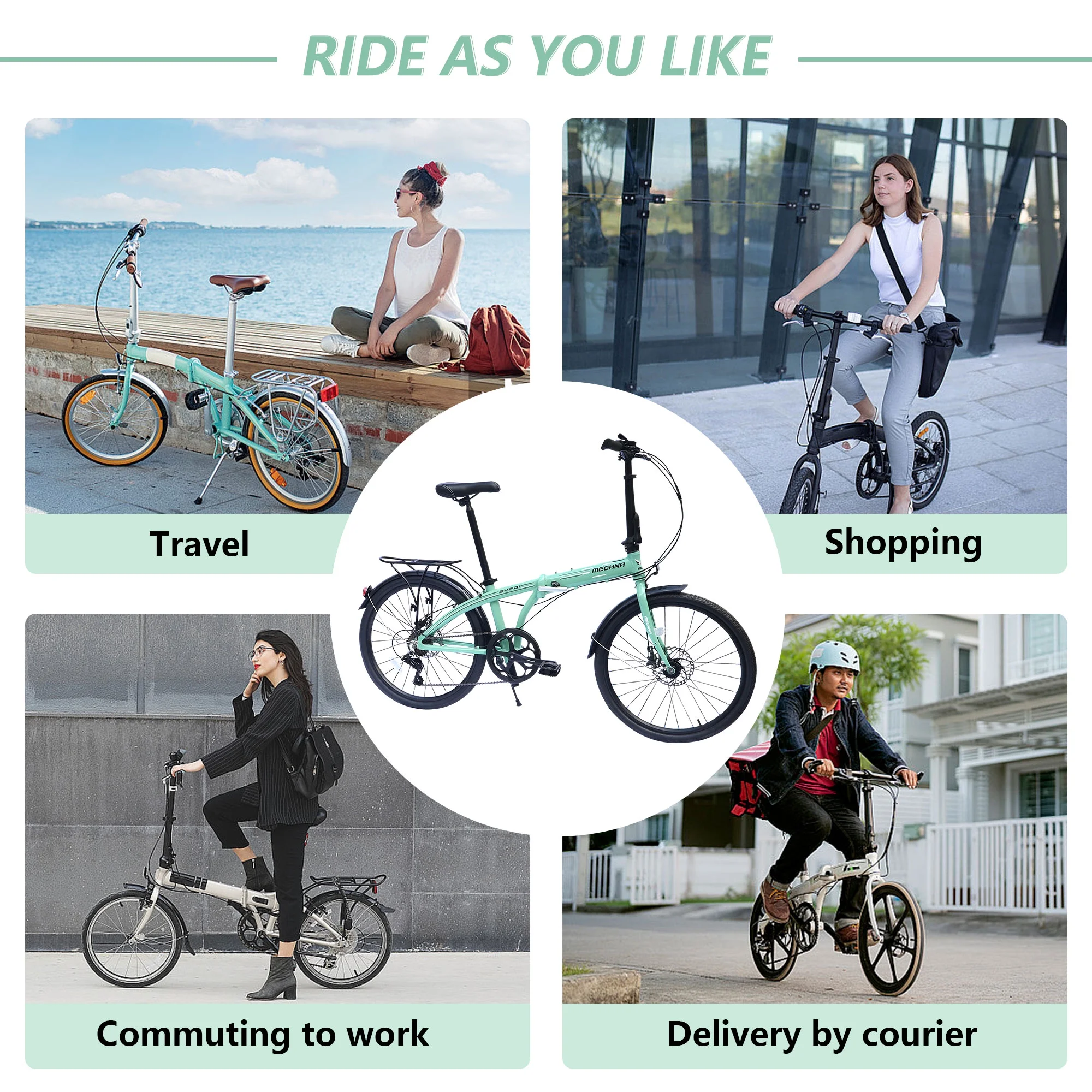 Zukka Foldable Bike 24 inch City Commuter Bicycle for Men Women Green 7 Speed