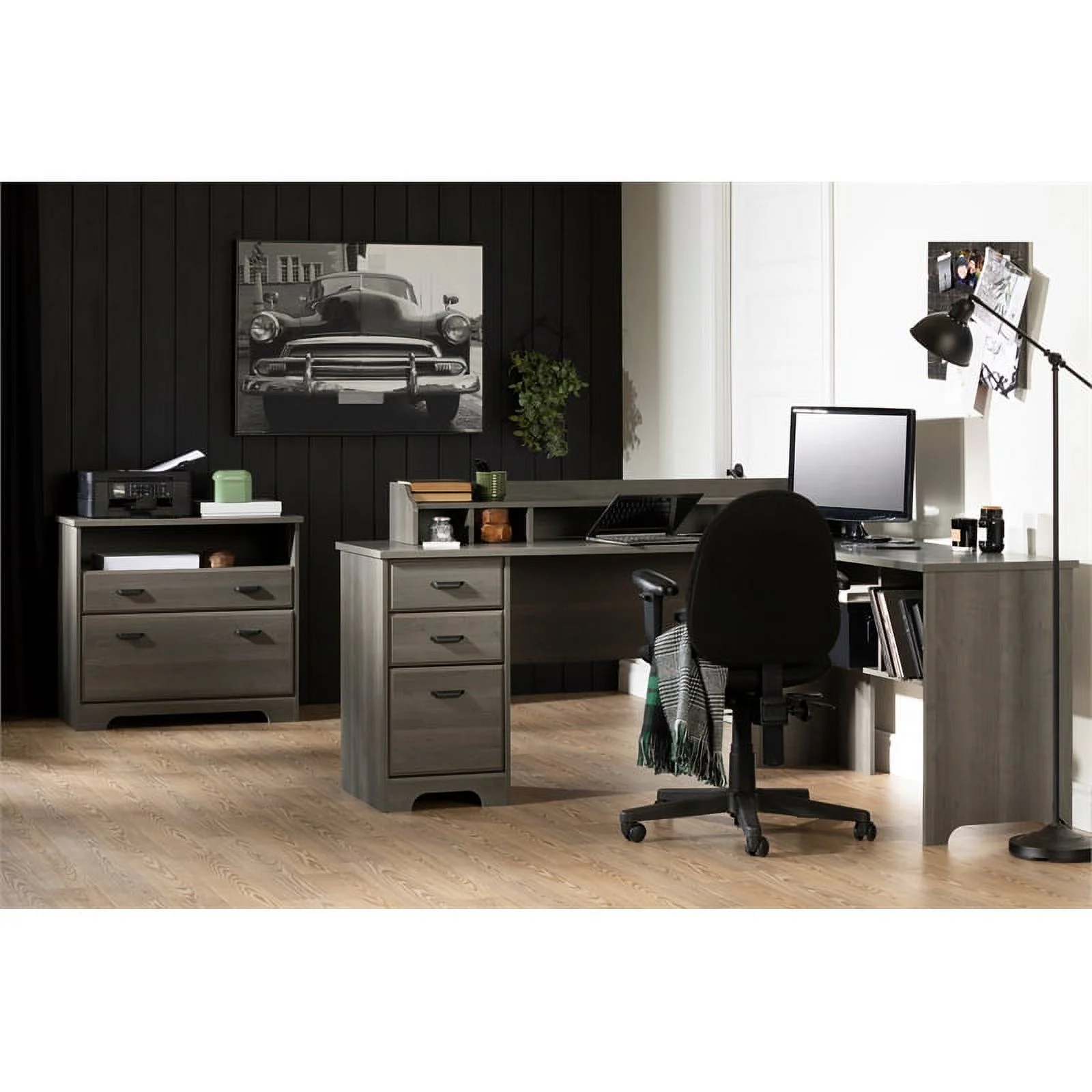 South Shore Versa Desk with Hutch and 2-Drawer File Cabinet Set in Gray Maple