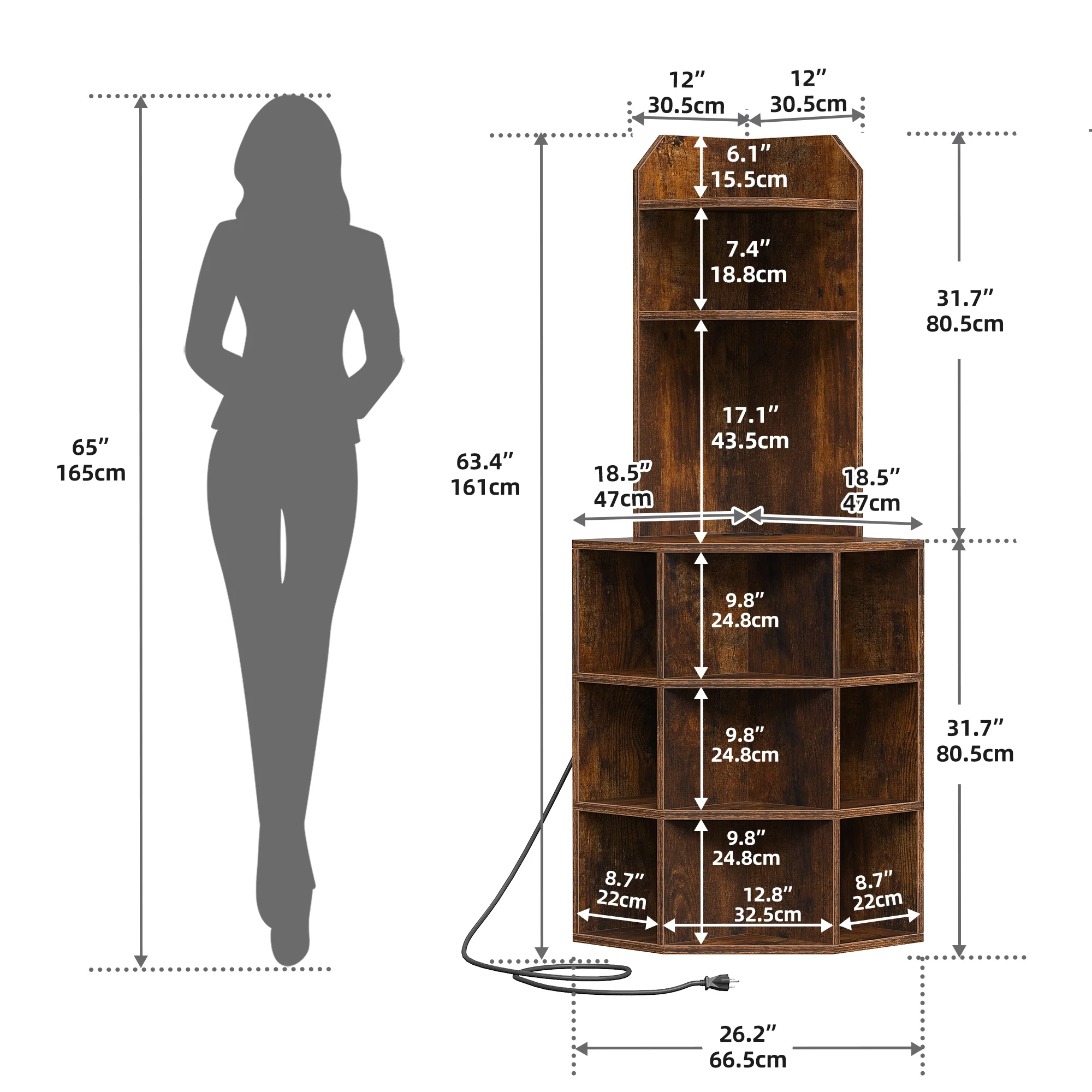 Dextrus 5-Tier Corner Shelf with USB Ports and Outlets, Corner Bookshelf Bookcase Display Shelves Rack Storage Corner Bar Cabinet for Living Room