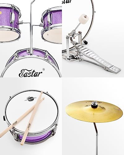 Kids Drum KIt Eastar 3-Piece for Beginners, 14 inch Drum Set with Adjustable Throne, Cymbal, Pedal & Two Pairs of Drumsticks
