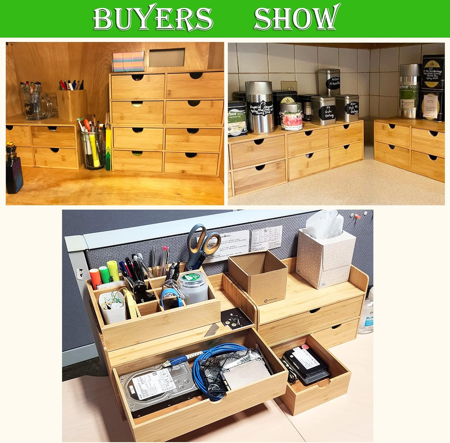 Wisdture Mini Storage Box with Drawers,Practical Office Storage Bins,Bamboo Desk Sets and Accessories Suitable for Office,Bedroom,Dressing Table