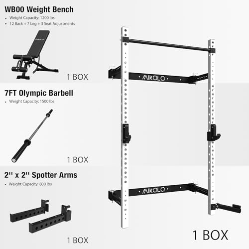 Mikolo 2" x 2" Folding Wall Mounted Squat Rack, 1000 Pounds Capacity Power Rack with Pull Up Bar, J Hooks and Other Attachments, Space-Saving Home Gym