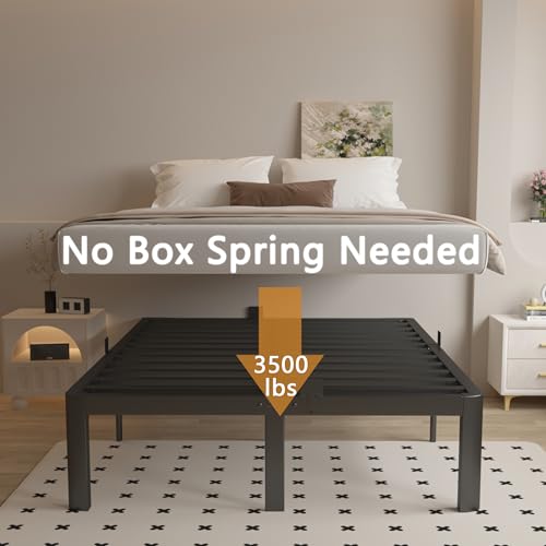 Full Size Bed Frame 16 Inch Black, Metal Platform Full Bed Frame with Baffles, No Box Spring Needed, Heavy Duty Steel Supprt, Rounded Corner Design