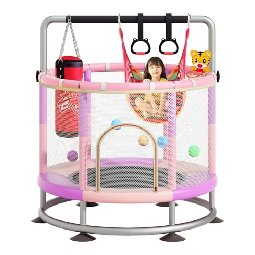 60" Trampoline for Kids, Anti-Rollover Round Bottom Baby Toddler Trampoline with Basketball Hoop, Indoor/Outdoor Kid Trampoline with Enclosure Net