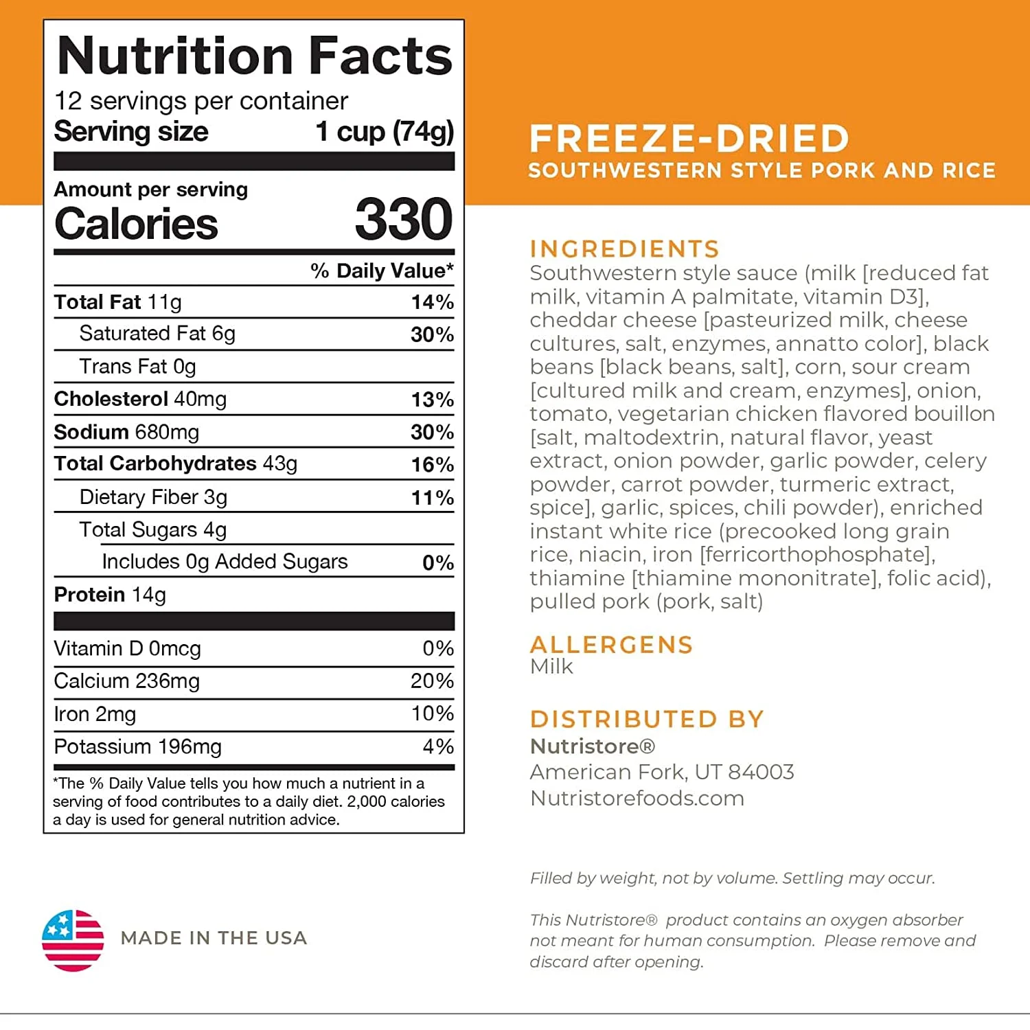 Nutristore Freeze-Dried Southwestern Style Pork and Rice | Emergency Survival Bulk Food Storage Meal | Perfect for Everyday Meals and Long-Term