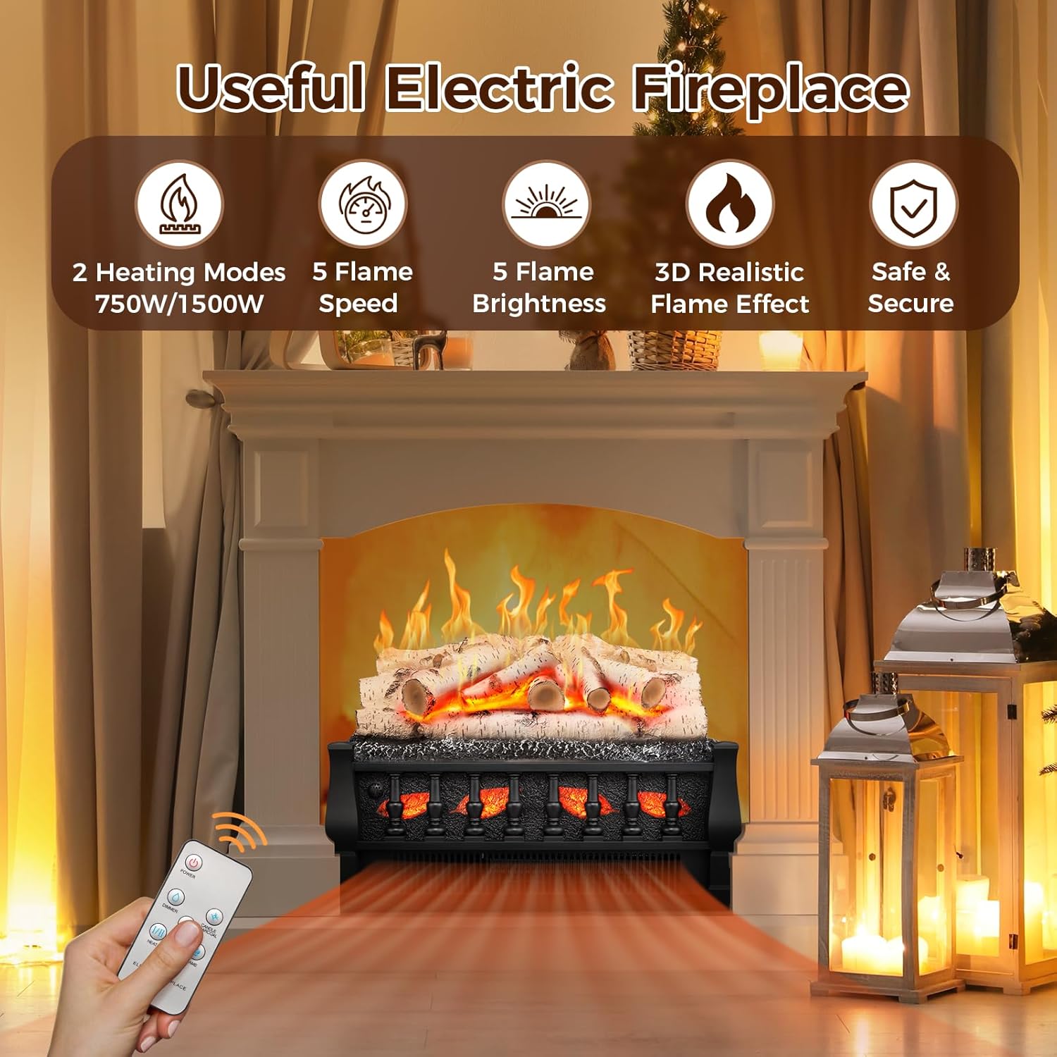 Joy Pebble Electric Fireplace Insert Log Heater 21", 750W/1500W Adjustable 5 Flame Brightness&Speed