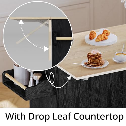 IRONCK Kitchen Island with Storage, Rolling Kitchen Island on Wheels with Drop Leaf, Charging Station, 3 Open Spice Rack, Cabinet, Drawer