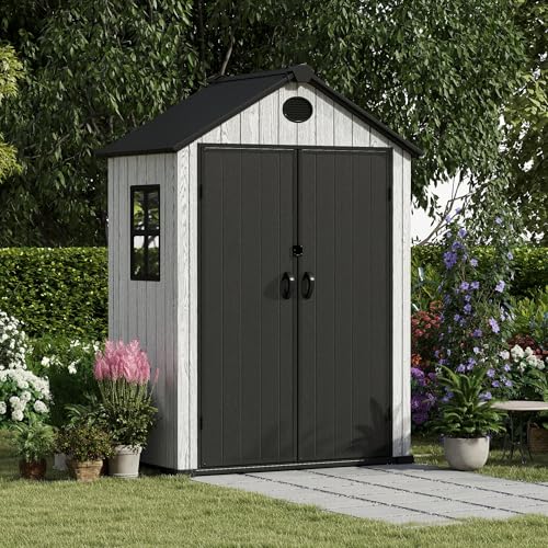 4.4x6 FT Resin Outdoor Storage Shed, 230 Cuft Garden Tool Sheds & Outdoor Storage Plastic Shed with Floor