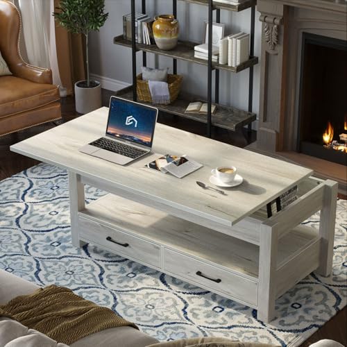 Rolanstar Coffee Table, Lift Top Coffee Table with Drawers and Hidden Compartment, Retro Central Table with Wooden Lift Tabletop, for Living Room