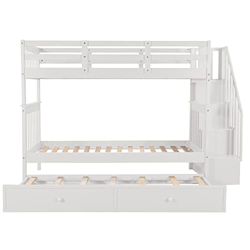 Harper & Bright Designs Twin Over Twin Bunk Bed with Stairs and Trundle, Solid Wood Stairway Bunk Bed Frame with Storage