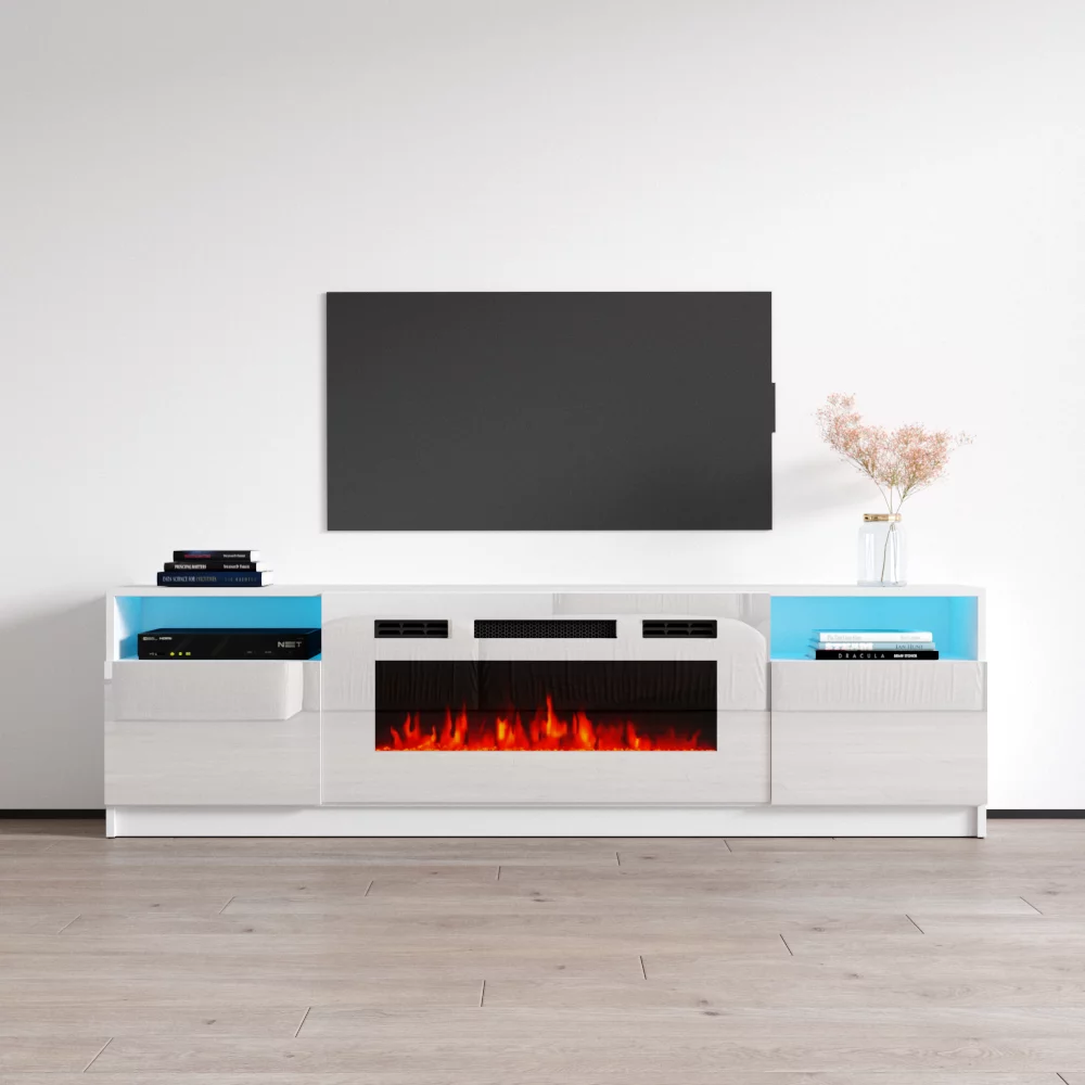 York WH02 Fireplace TV Stand for TVs up to 90", Modern High Gloss 79" Entertainment Center