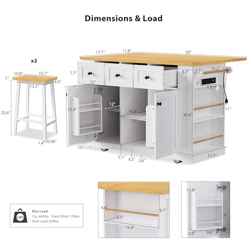 Farmhouse Kitchen Island with Power Outlet, Drop Leaf, Spice Rack and Drawer,Rolling Kitchen Cart on Wheels