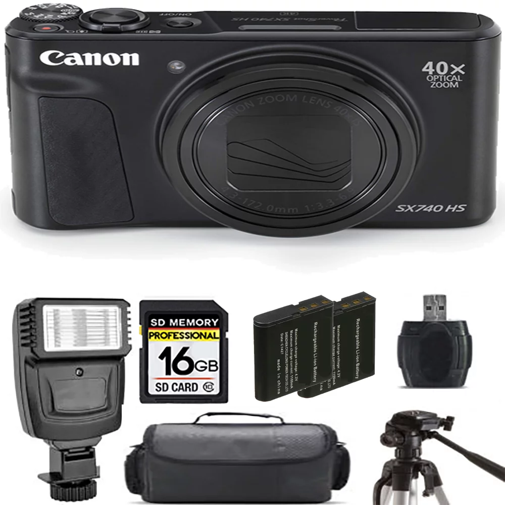 Canon PowerShot SX740 HS Digital Camera (Black) + Extra Battery + Flash - 16GB Kit - Curated Treasures Market