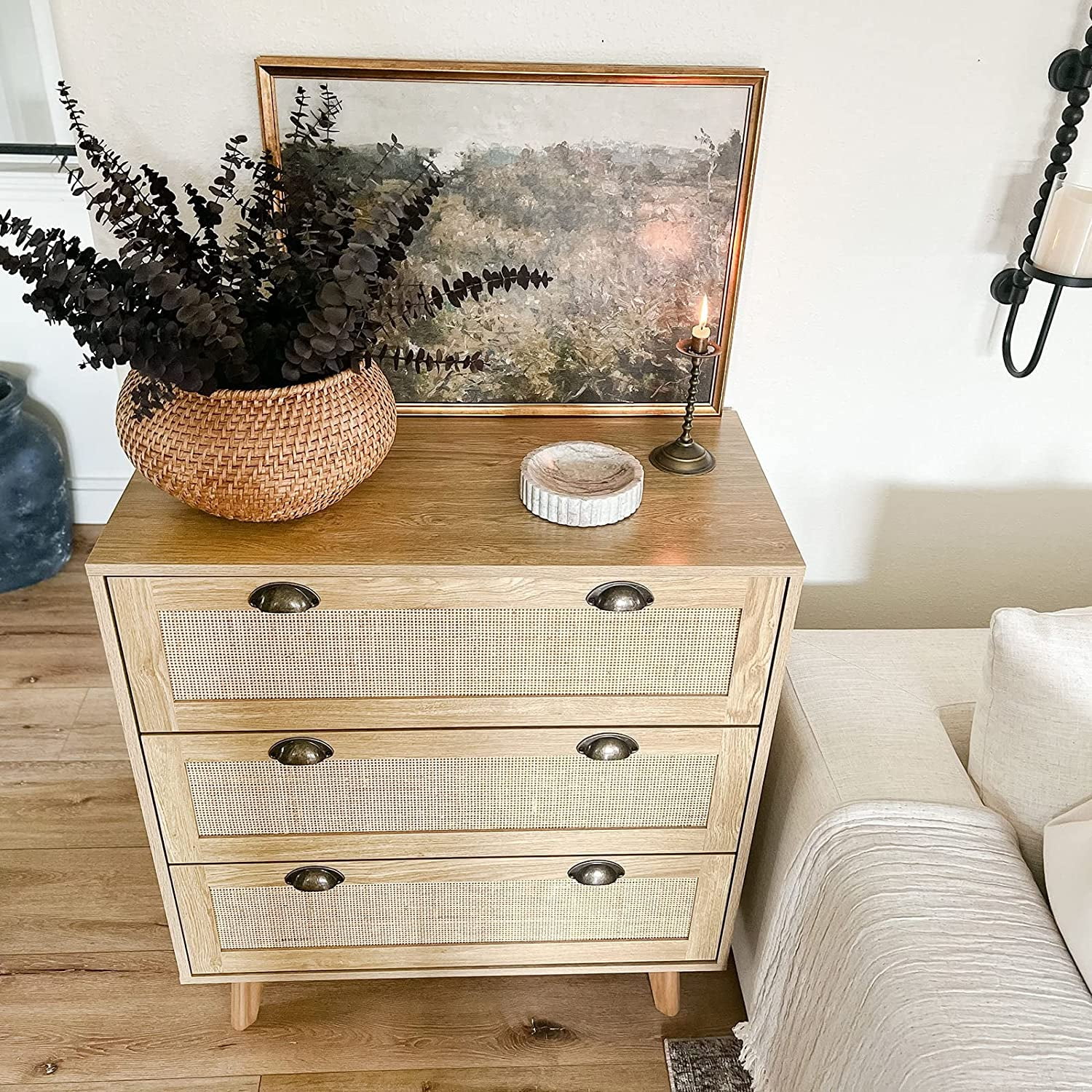 Rattan Cabinet - Chest of Drawers Small Cabinet for Living Room Bedroom Accent Storage Cabinet/Nightstand/Bedside Table, Rattan Dresser