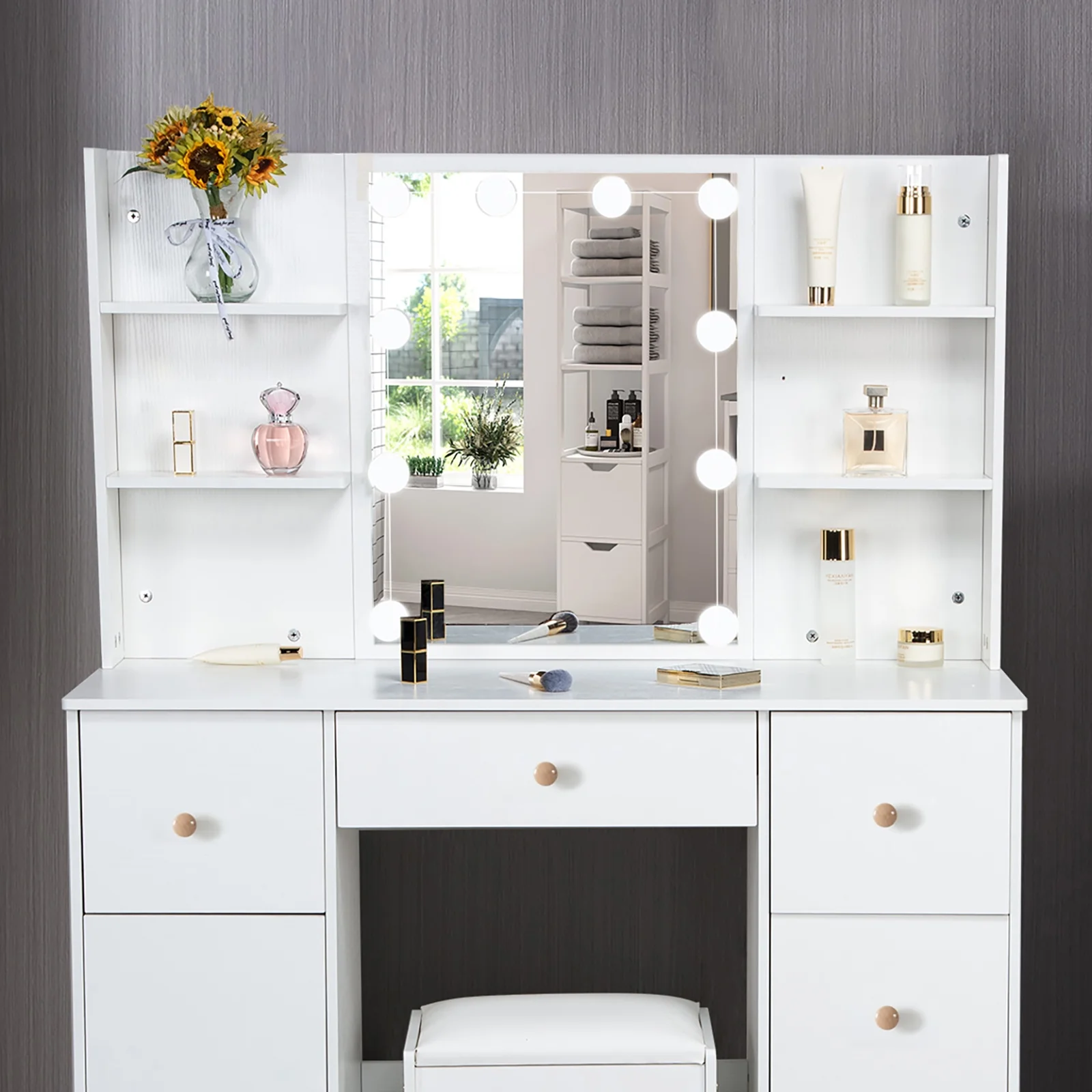 Yamissi Makeup Vanity with Cushioned Stool Vanity Set with Mirror and Lights for Bedroom Small Dresser, White