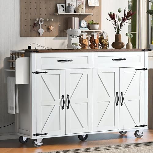 Amposei Farmhouse Rolling Kitchen Island with Power Outlet, Drop Leaf Breakfast Bar, Wooden Mobile Storage Island Cart on Wheels with Drawers