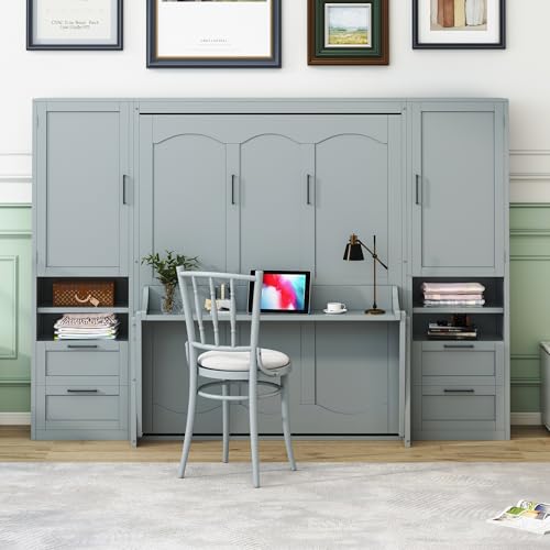 Queen Size Murphy Bed Wall Bed with Desk and Closet,Drawers and Shelves,for Small Spaces Studio Study Office Guest Room Use (Gray#Desk, Queen)