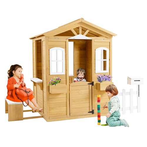 Outdoor Playhouse, Wooden Playhouse for Kids, Backyard Playhouse with Window, Mailbox, Picnic Bench, Fenced, Flowerpot Holders, Gift for Age 2+