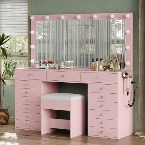 55" W Vanity Desk, Makeup Vanity with Charging Station, 15 Drawers with Lighted Mirror, 3 Lighting Modes, Brightness Adjustable, Glass Top