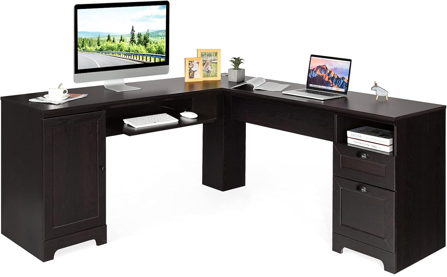 Tangkula L-Shaped Desk, 66 × 66 Corner Computer Desk with Drawers and Storage Cabinet, Home Office Desk, Space-Saving L Shape Executive Desk, Brown
