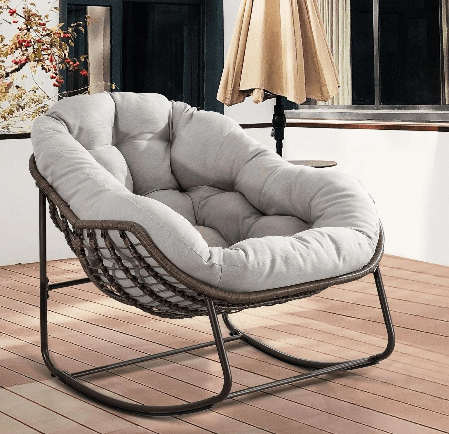 Villeston Outdoor Patio Rocking Chairs, Oversized Papasan Rocking Chair Indoor with Padded Cushion - Rocker Egg Chair for Front Porch, Garden, Patio