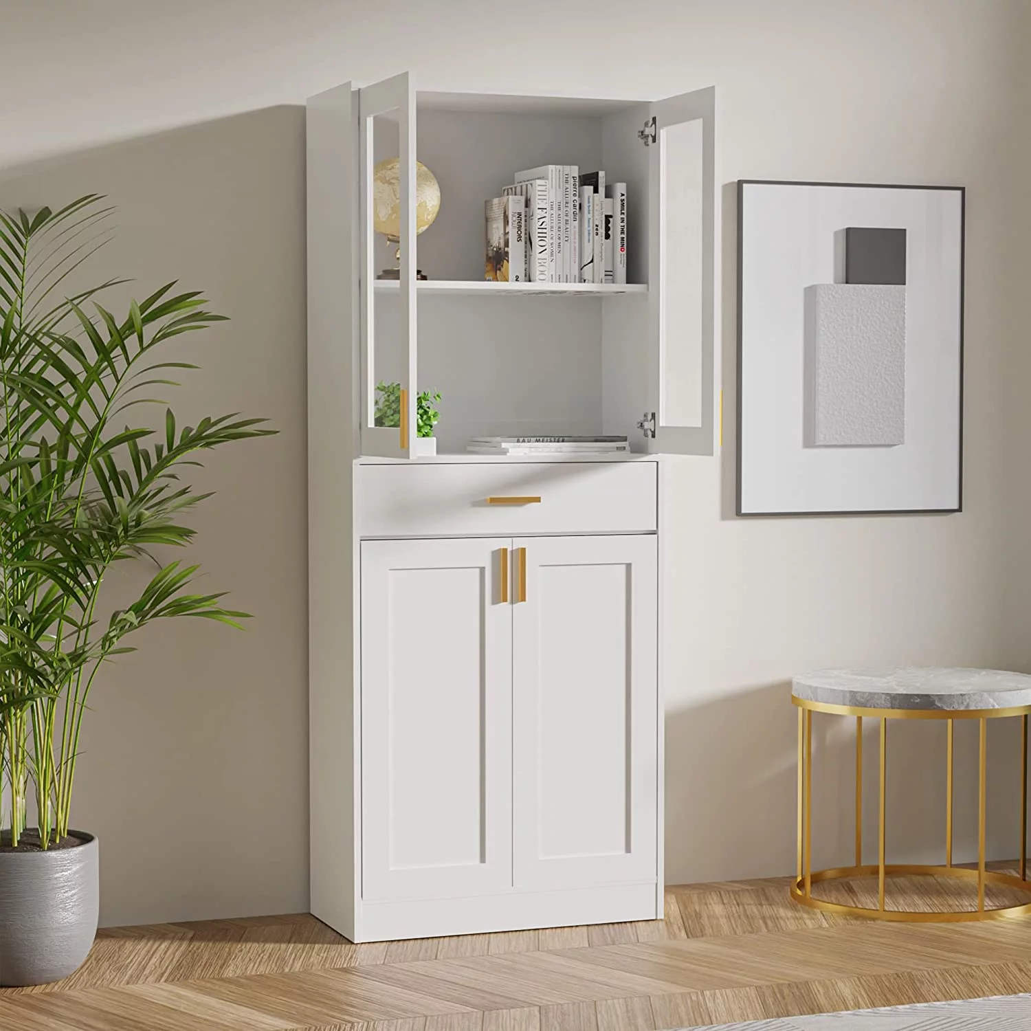Cozy Castle 70" Tall White Display Cabinet, Pantry Cabinet with Acrylic Glass Doors and Drawer, China Cabinet, Office Storage Cabinet, Bookcase