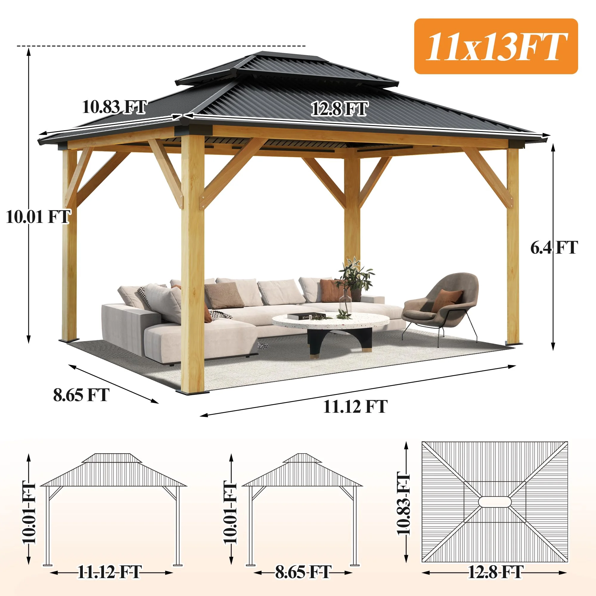 Gartooo 11’x13’ Outdoor Wooden Gazebo - Patio&nbsp;Galvanized Steel Gazebo with Double Vented Roof, Heavy-duty Cedar Wooden Gazebo for Garden, Lawn
