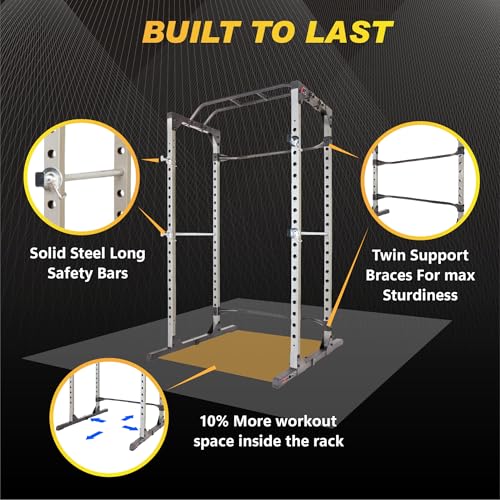 Fitness Reality Power Cage Squat Rack with Optional LAT Pulldown, Cable Crossover, 800 lb Capacity, Multi-Grip Pull-Up Bar, Adjustable Safety Bars