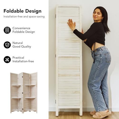 Room Divider with Shelves, 5.6 Ft Tall Folding Wood Screen with Double Hinges for Home Office Bedroom Hotel Decoration (6 Panels, Brown)