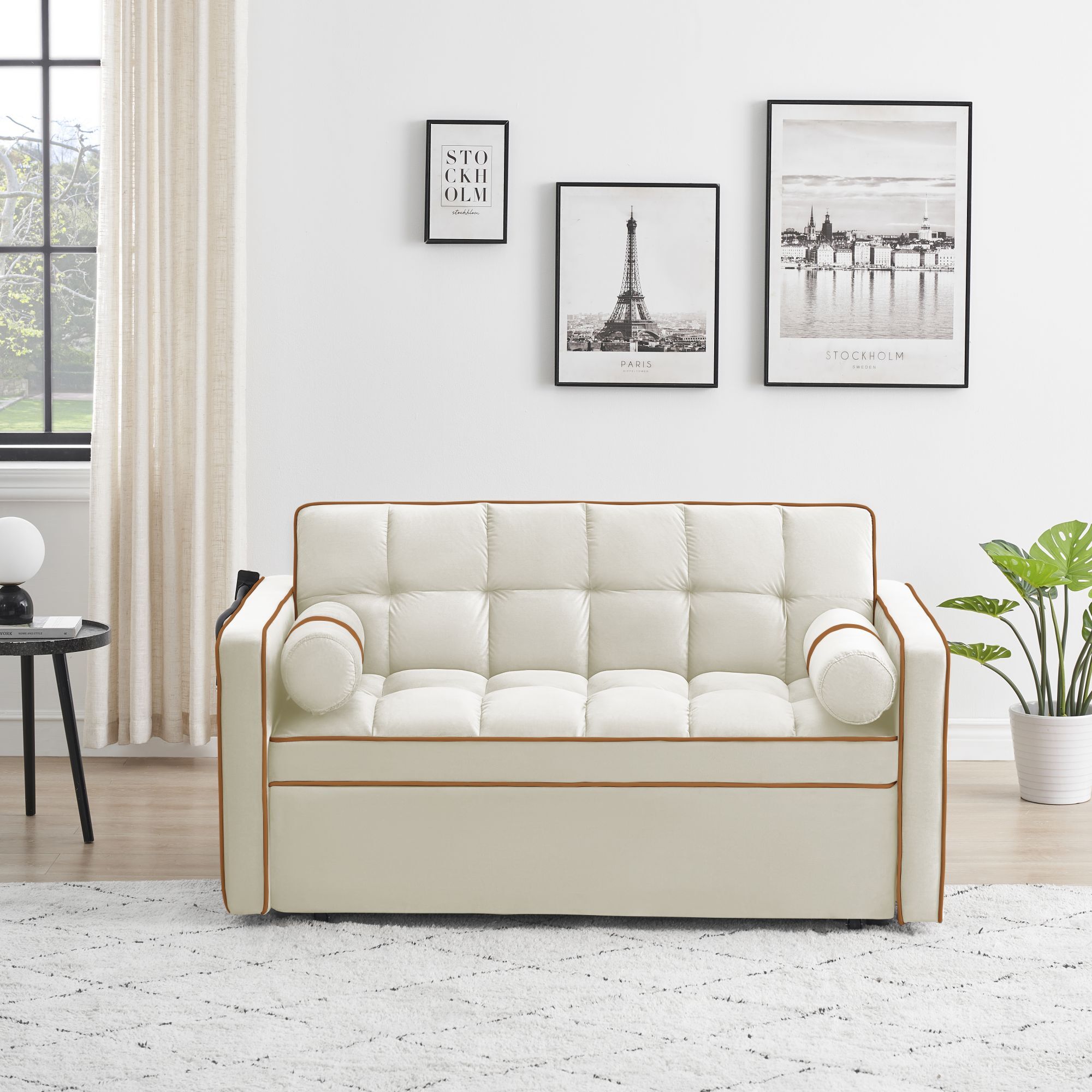 DEALTOPS 3 in 1 Sofa Bed, 55" Loveseat Sleeper with Two Pillows & Phone Stand, White
