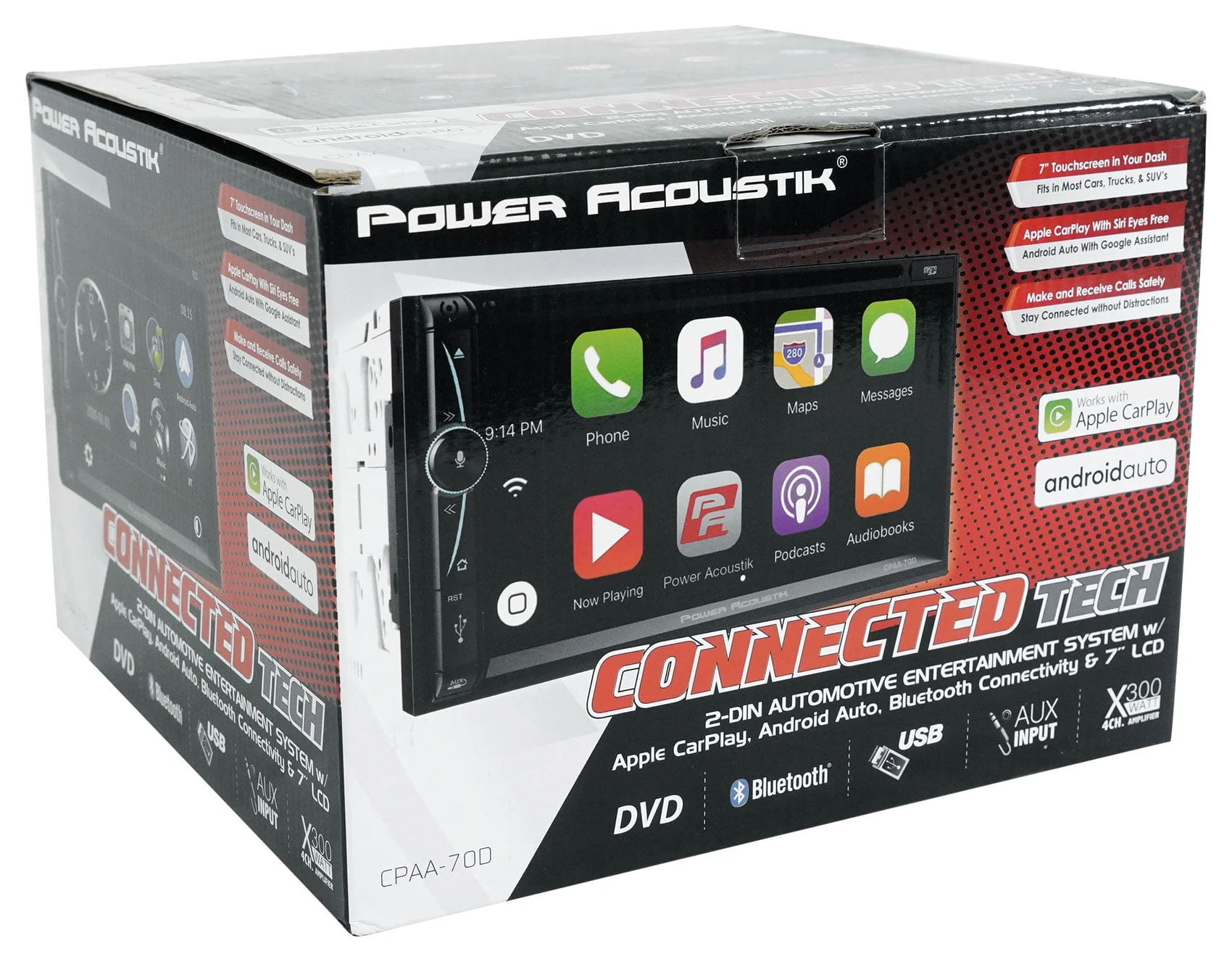 Power Acoustik CPAA-70D 2-Din 7 DVD/Carplay/Android/Bluetooth/USB Car Receiver