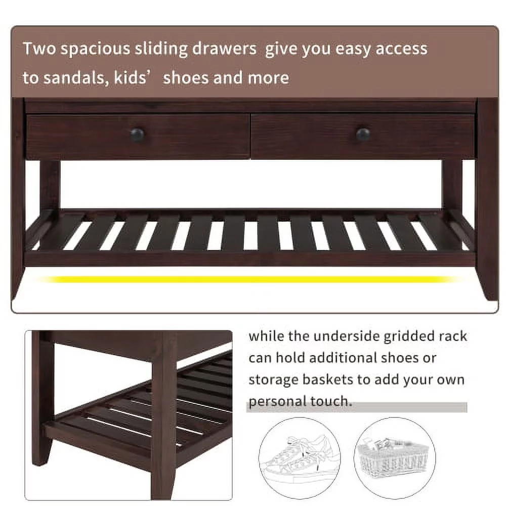 Shoe Rack with Cushioned Seat and Drawers, Multipurpose Entryway Storage Bench (Espresso)