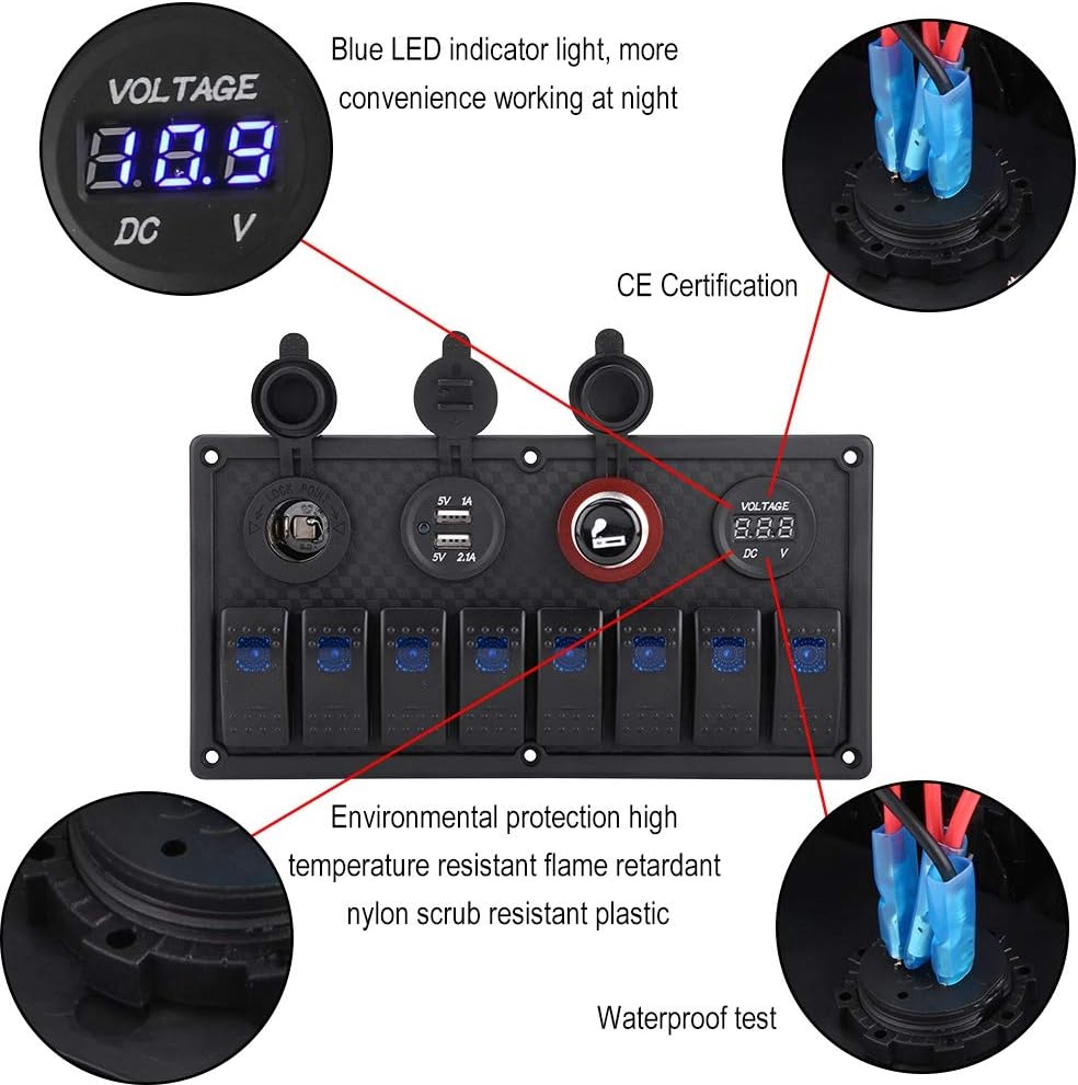 Qiilu 8 Gang Boat 12V Aluminium Rocker Switch Panel - Blue LED Lighted Control Switches