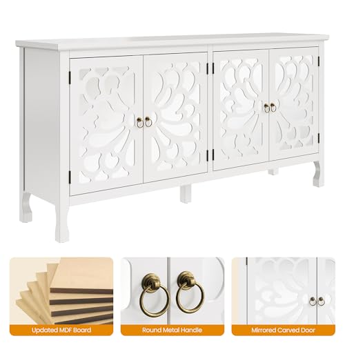 RoyalCraft Buffet Cabinet with Mirror Butterfly Carved Door, 63'' Sideboard Cabinet with Adjustable Shelves