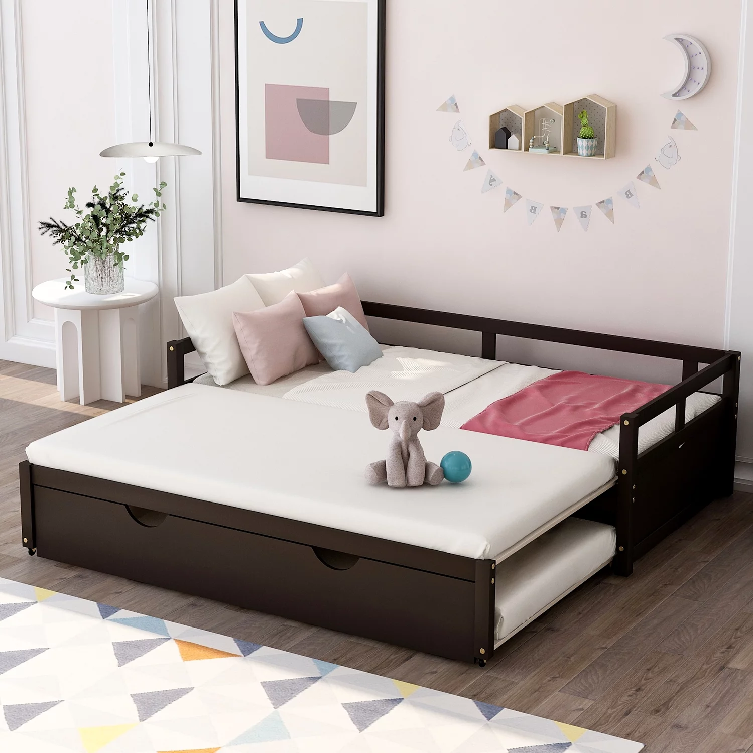 Gewnee Wood Twin Size Daybed,Convertible Daybed with Double Trundle for Kids,Espresso