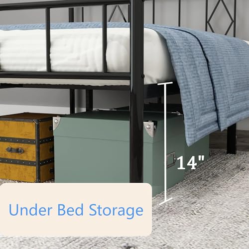 Full Size Bed Frame, 14 Inch Metal Platform Bed with Iron-Art Headboard & Footboard, Classic Bed Frame with Heavy Duty Metal Slats Support