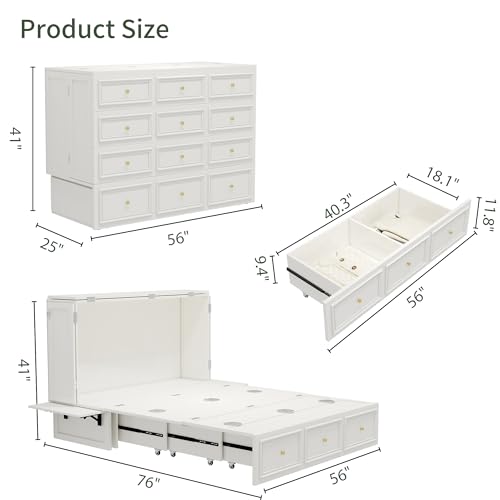 Murphy Bed Cabinet Full, Solid Wood Murphy Bed with 2 USB & 2 Charging Ports, Large Storage Drawer for Home Office or Small Space
