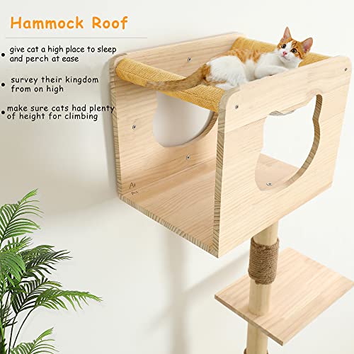 Cat Tree House with Hammock Wall Mount Cat Shelf Climbing Tall Activity Tower Solid Wood Indoor Cat Wall Furniture 75 Inch