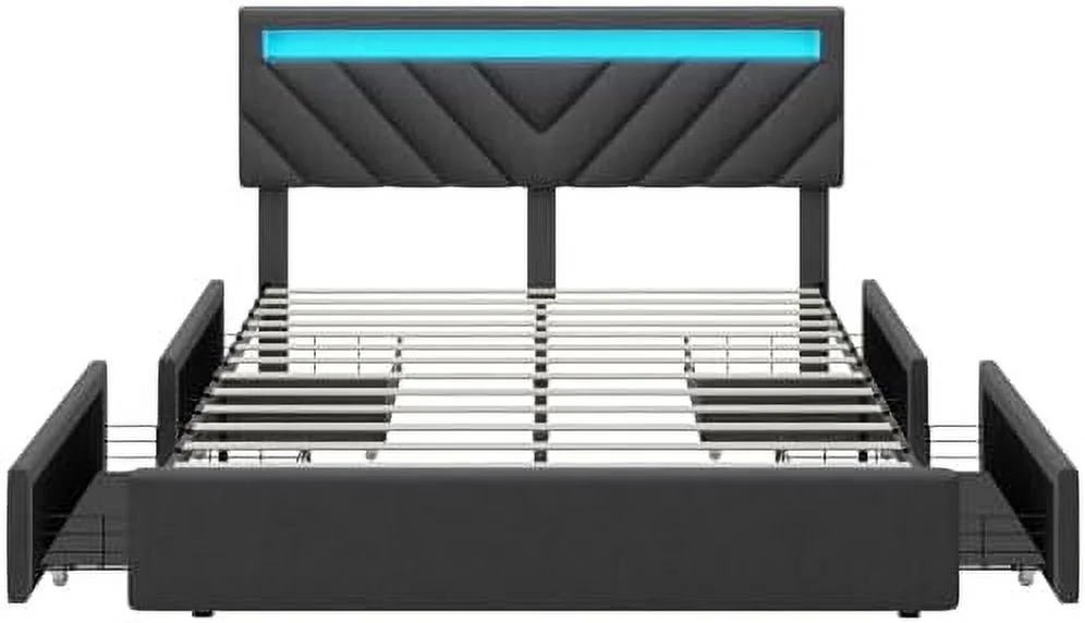 TJCGDTY Queen Bed Frame with Drawers  LED Bed Frame with 2 USB Charging Station  Upholstered Platform Bed with  &amp