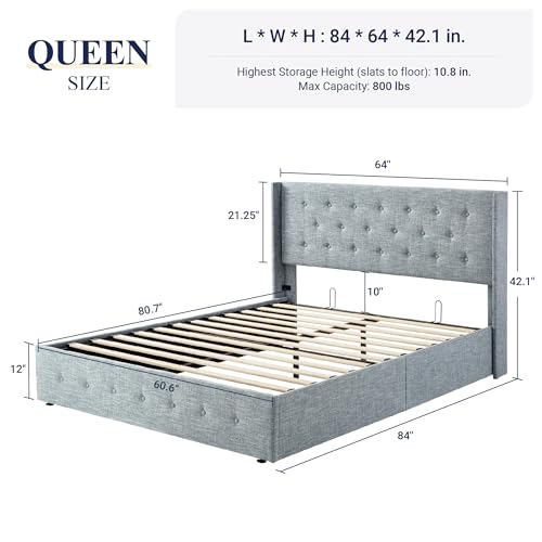 Allewie Full Size Lift Up Storage Bed, Modern Wingback Headboard, Hydraulic Support, No Box Spring Needed, Light Beige