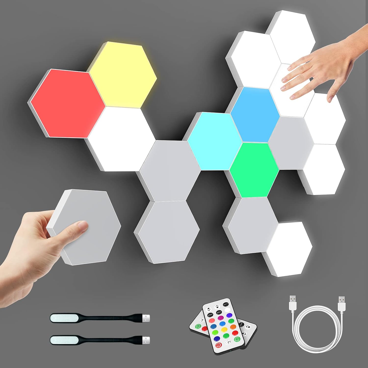 Hexagon Lights, Hexagonal Wall Lights with Touch Function, Smart Remote LED Wall Lights, Hexagon Lights for Wall LED with USB Link