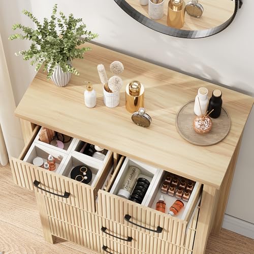 Fluted 6 Drawers Dresser for Bedroom, Tall Boho Chest of Drawers with Metal Handle, Wooden Closet Clothes Storage Organizer for Living Room